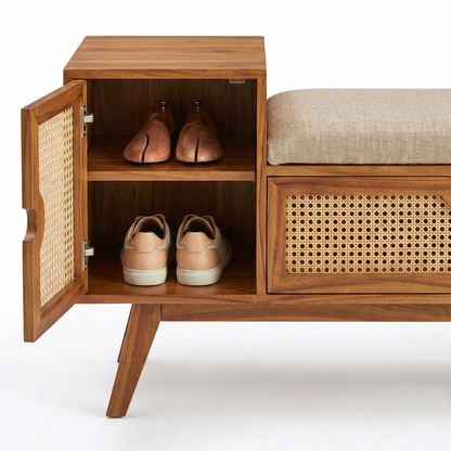ADOUER WOOD Mid-Century Modern Entryway Bench with Storage – Natural Rattan Shoe Bench with Padded Seat Cushion