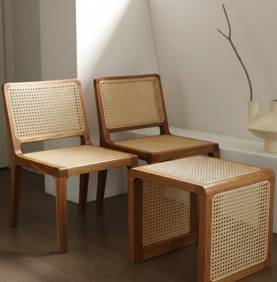 ADOUER WOOD Mid-Century Modern Cane Stool – Solid Wood Square Side Table