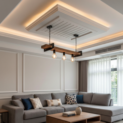 ADOUER WOOD Handcrafted Wood Beam Chandelier – Industrial Linear Pendant Light with Edison Bulbs