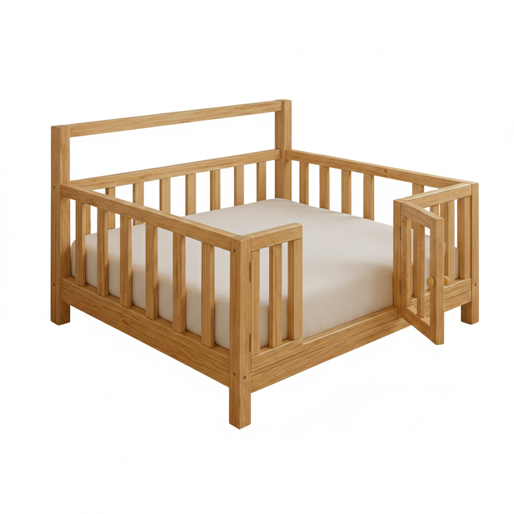 ADOUER WOOD Solid Wood Montessori Floor Bed with Safety Gate – Toddler Transition Cot