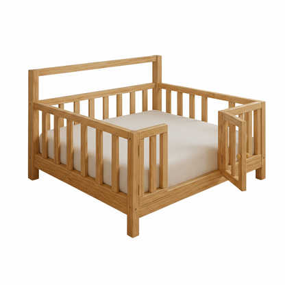 ADOUER WOOD Solid Wood Montessori Floor Bed with Safety Gate – Toddler Transition Cot