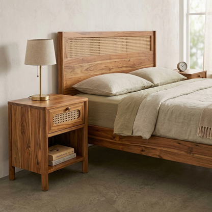 ADOUER WOOD The Elora Bedside Table: Minimalist Nightstand with Woven Cane Accents