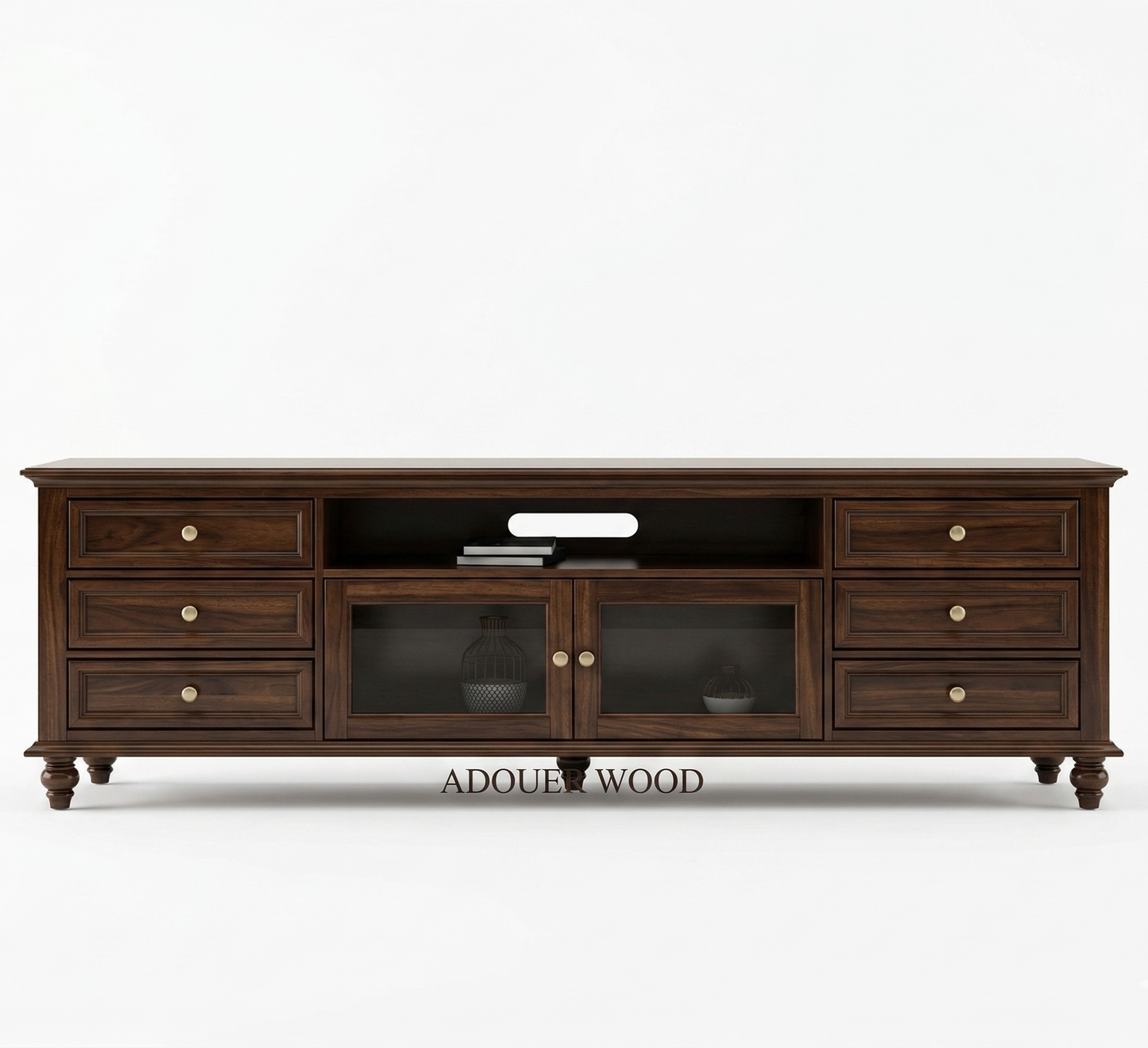 Adouer Wood Solid Acacia TV Console – 6-Drawer Mid-Century Modern Entertainment Center with Fiber Glass Doors