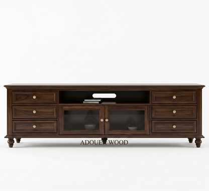 Adouer Wood Solid Acacia TV Console – 6-Drawer Mid-Century Modern Entertainment Center with Fiber Glass Doors