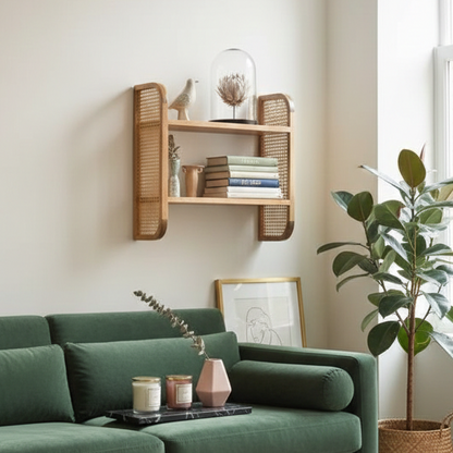 ADOUER WOOD Solid Wood & Rattan Cane Wall Shelf – 2-Tier Bohemian Floating Bookshelf