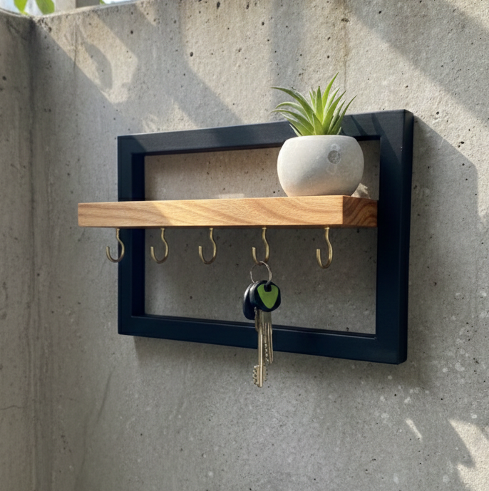 Acacia Wood Modern Entryway Key Holder & Floating Shelf – Solid Wood & Black Metal Frame Wall Decor