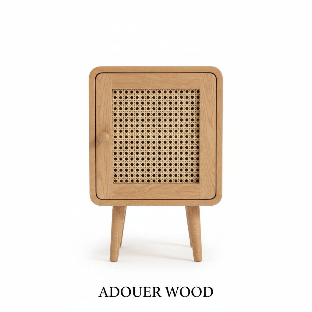 Adouer Wood Mid-Century Modern Rattan Bedside Table Wood Nightstand with Storage Door