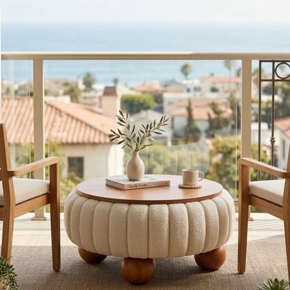ADOUER WOOD Modern Bouclé Round Coffee Table – 2-in-1 Upholstered Ottoman with Solid Wood Top