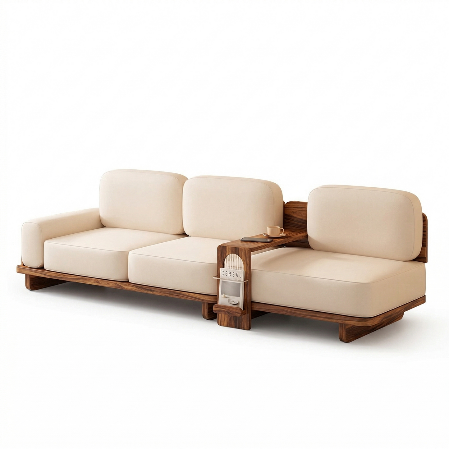 Adouer Wood Modern Japandi Sheesham Wood Sofa – 3-Seater with Integrated Side Table & Magazine Rack"