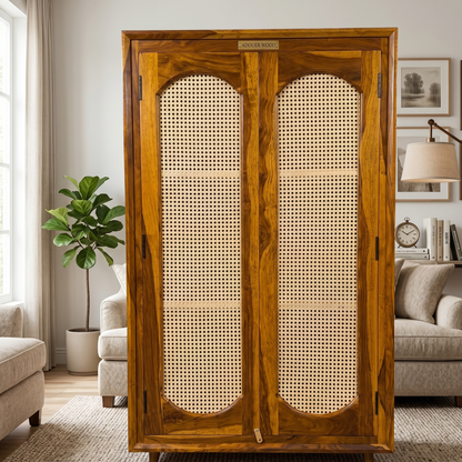 ADOUER WOOD Solid Sheesham Wood 2 Door Wardrobe with Natural Cane Webbing