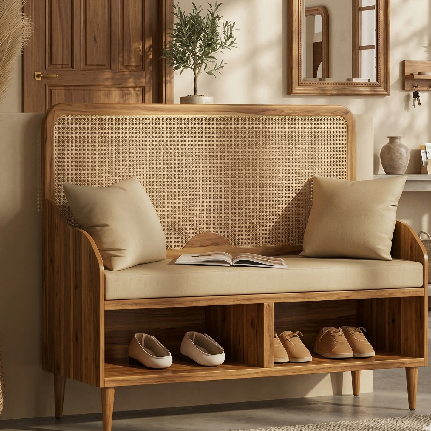 ADOUER WOOD Mid-Century Modern Rattan Entryway Bench with Integrated Shoe Storage