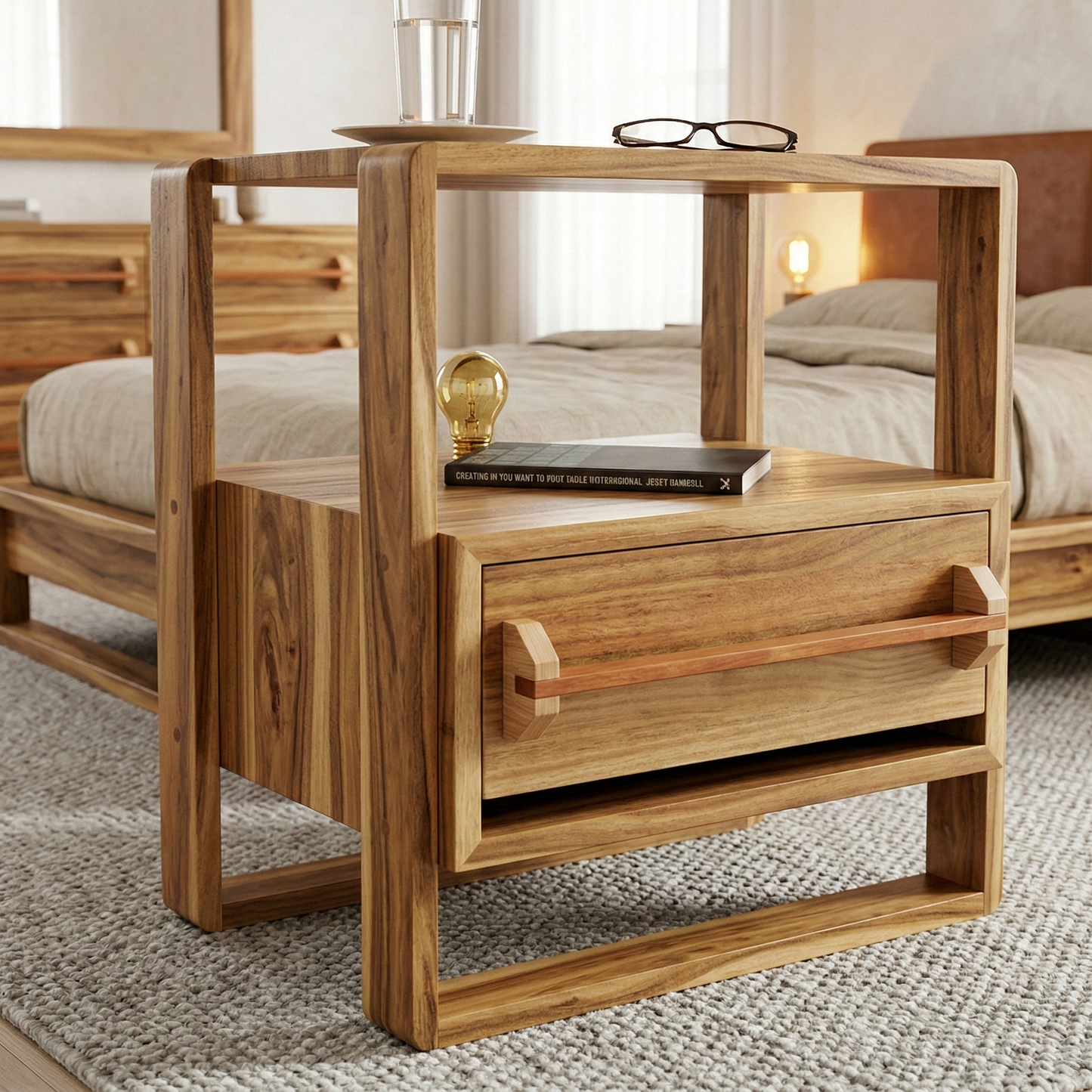 ADOUER WOOD Japandi Style Bedside Table with Open Storage Shelf