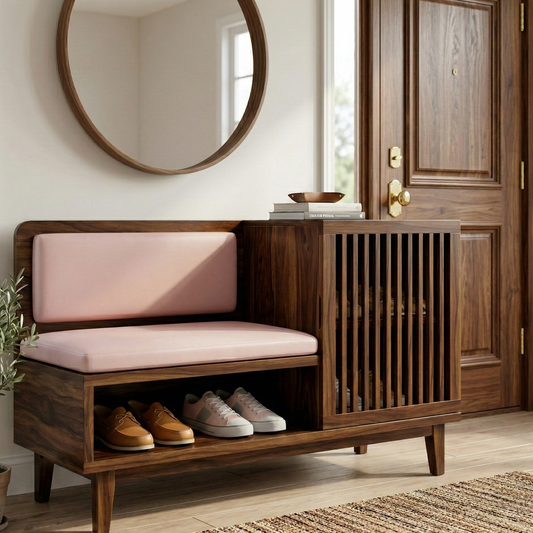 ADOUER WOOD Modern Entryway Shoe Rack Bench with Padded Seating & Slatted Storage Cabinet