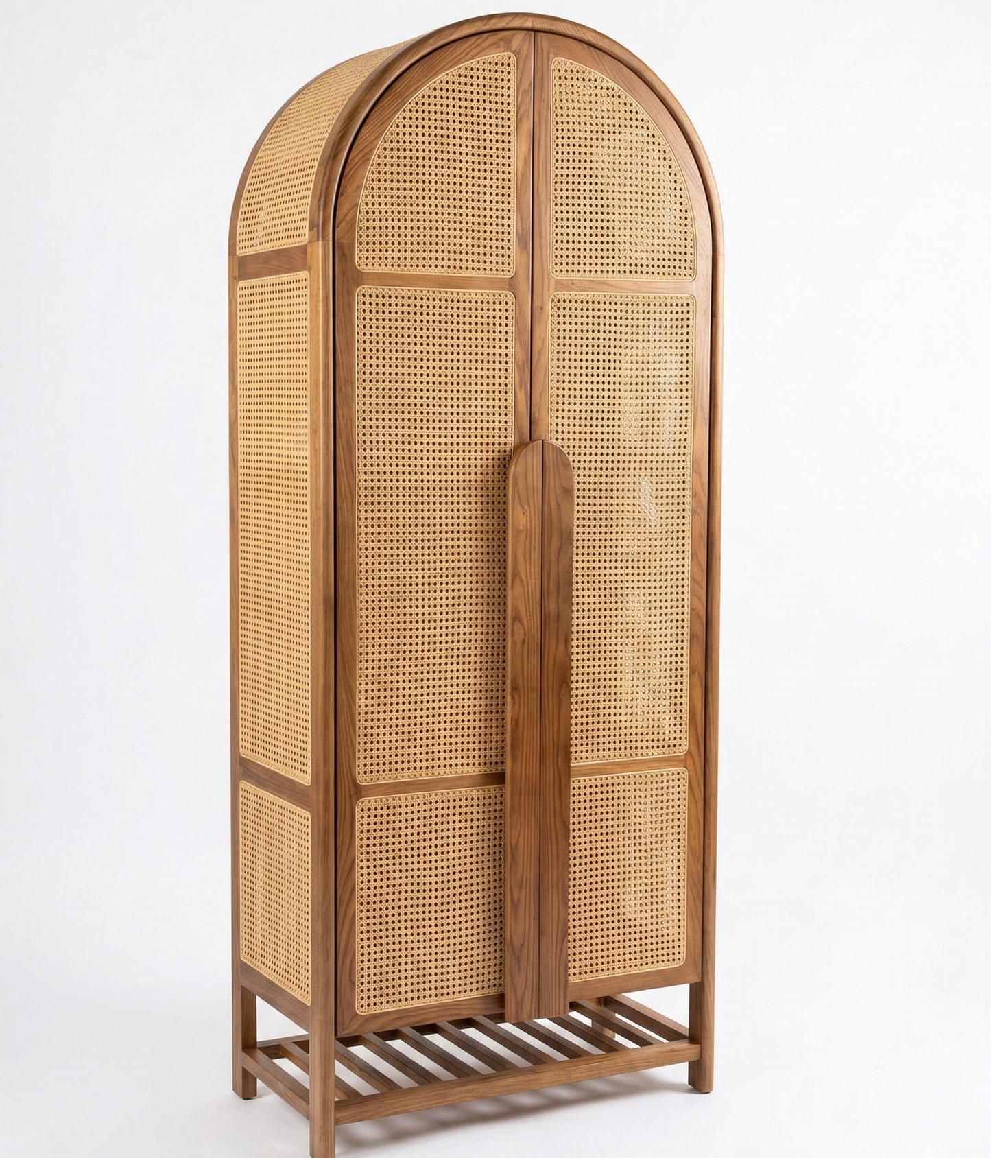 ADOUER WOOD Handcrafted Arched Rattan Wardrobe – Solid Sheesham Wood Armoire with Natural Cane Webbing & Slatted Base