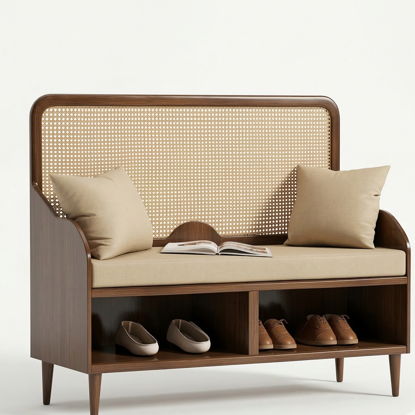 ADOUER WOOD Mid-Century Modern Rattan Entryway Bench with Integrated Shoe Storage