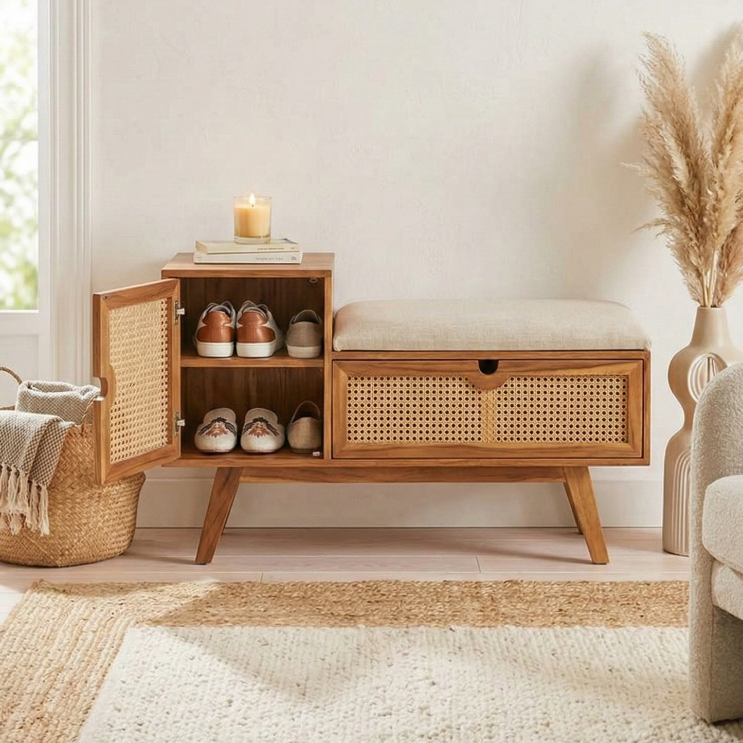 ADOUER WOOD Mid-Century Modern Entryway Bench with Storage – Natural Rattan Shoe Bench with Padded Seat Cushion