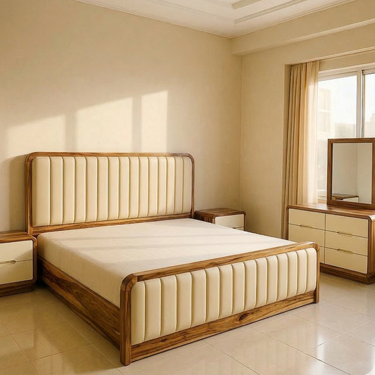 Adouer Wood Premium Upholstered King Bed Set – Handcrafted Wood Frame with Vertical Channel Tufting