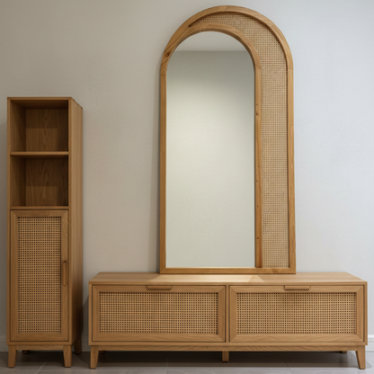 Acacia Wood Arched Full-Length Leaner Mirror with Natural Rattan Cane