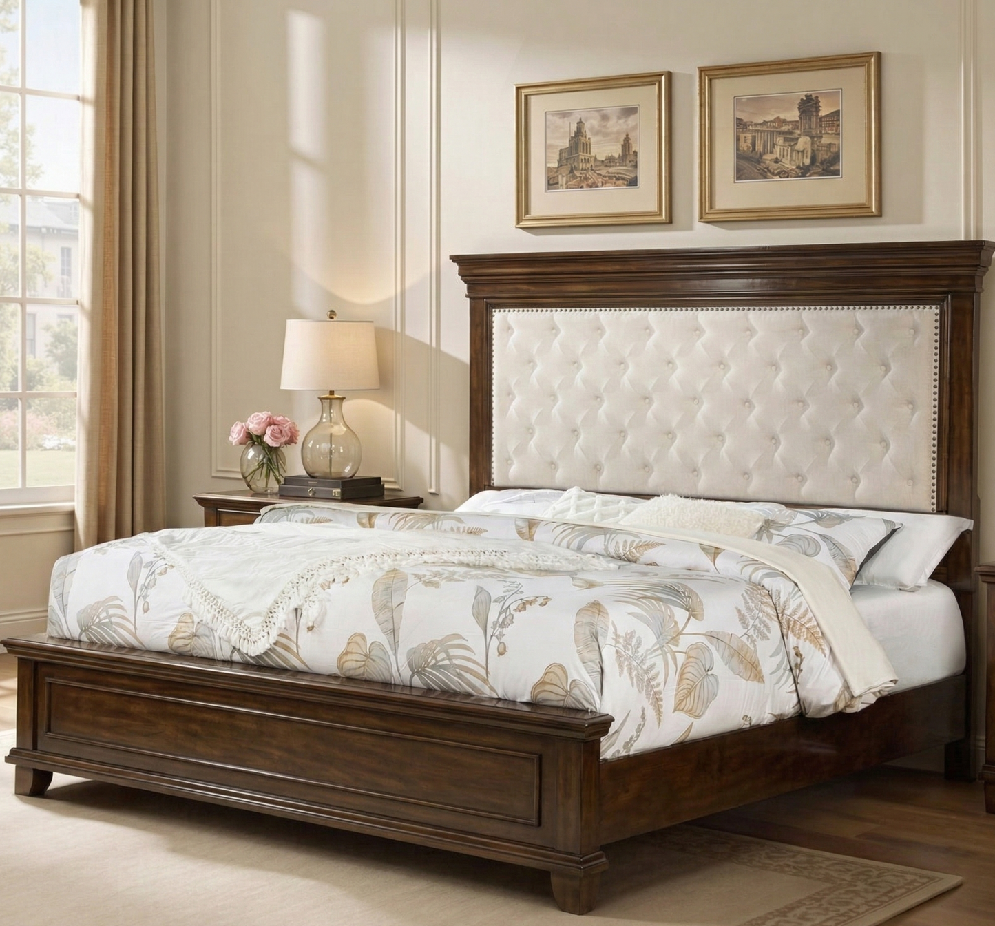 Adouer Wood Solid Wood King Size Bed with Tufted Fabric Headboard & Natural Grain Finish