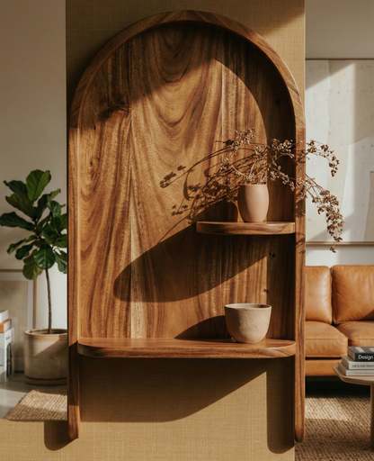 ADOUER WOOD Handcrafted Solid Wood Arched Wall Shelf – Minimalist Floating Niche Display with Tiered Shelving