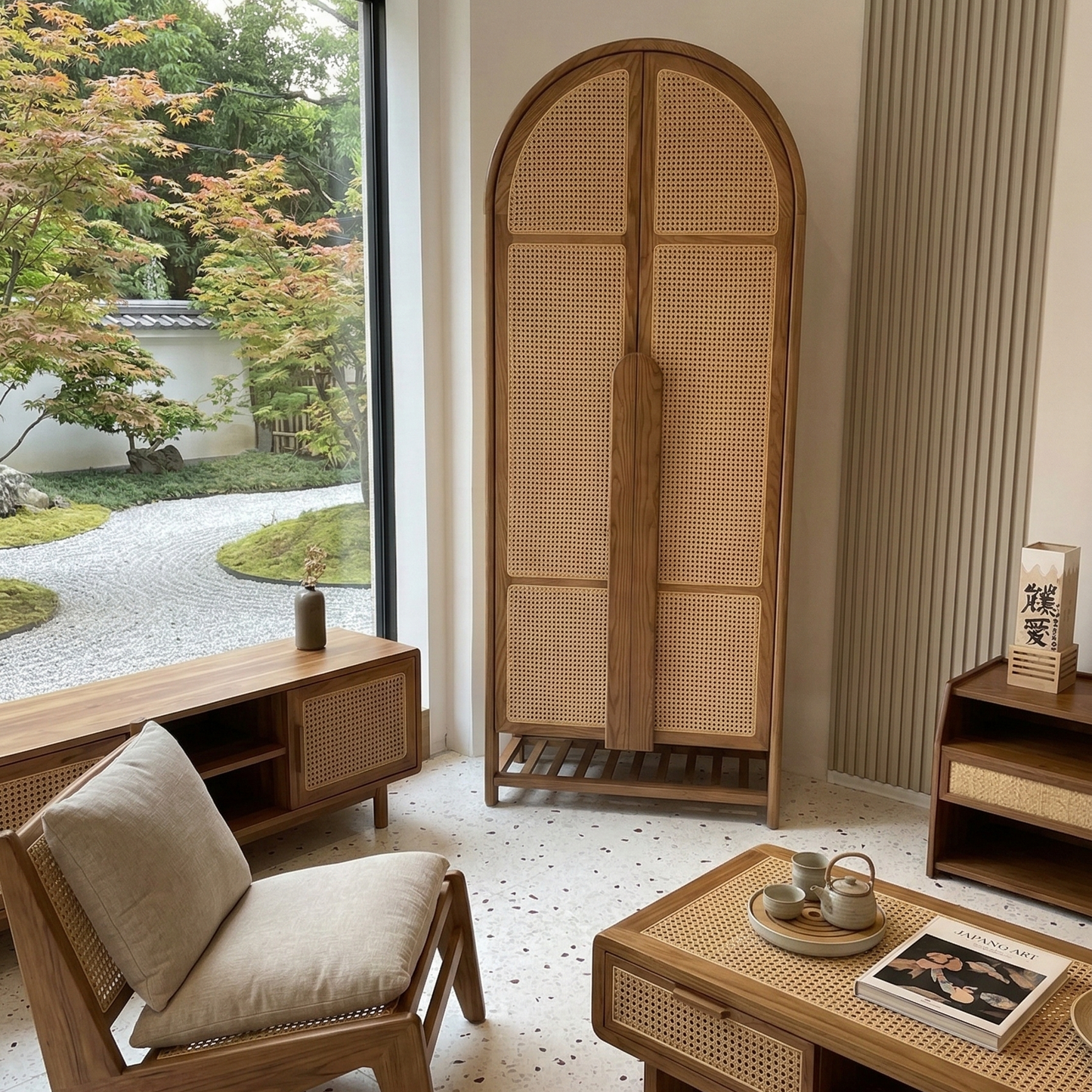 ADOUER WOOD Handcrafted Arched Rattan Wardrobe – Solid Sheesham Wood Armoire with Natural Cane Webbing & Slatted Base