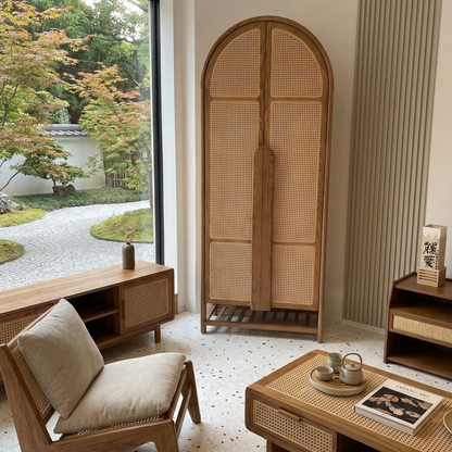 ADOUER WOOD Handcrafted Arched Rattan Wardrobe – Solid Sheesham Wood Armoire with Natural Cane Webbing & Slatted Base