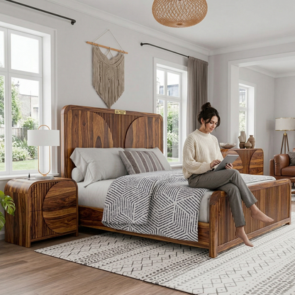 ADOUER WOOD Premium Sheesham Wood Bed| Modern Fluted Design