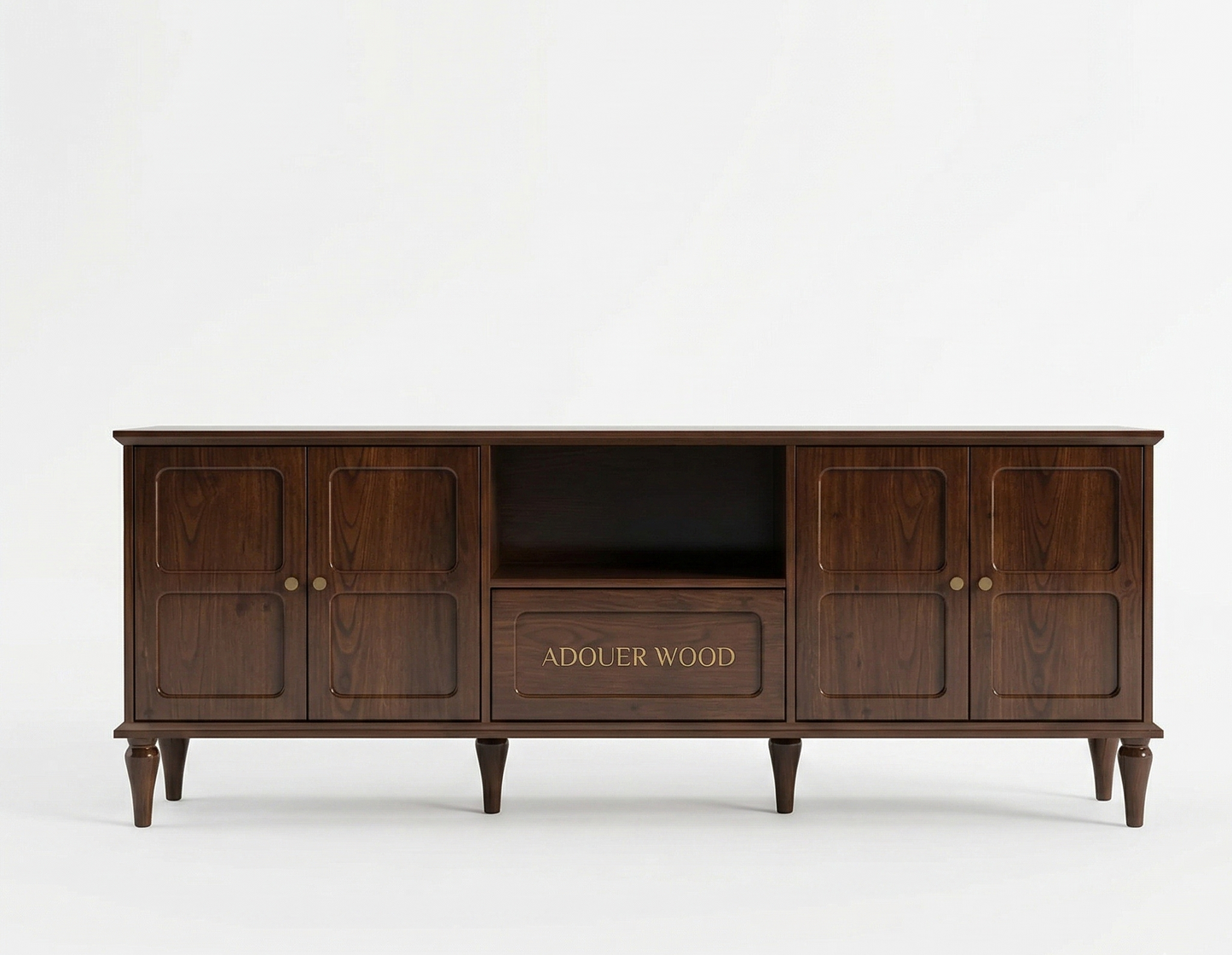 ADOUER WOOD Mid-Century Modern Solid Wood TV Unit with 4 Doors & Center Drawer