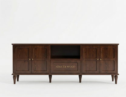 ADOUER WOOD Mid-Century Modern Solid Wood TV Unit with 4 Doors & Center Drawer