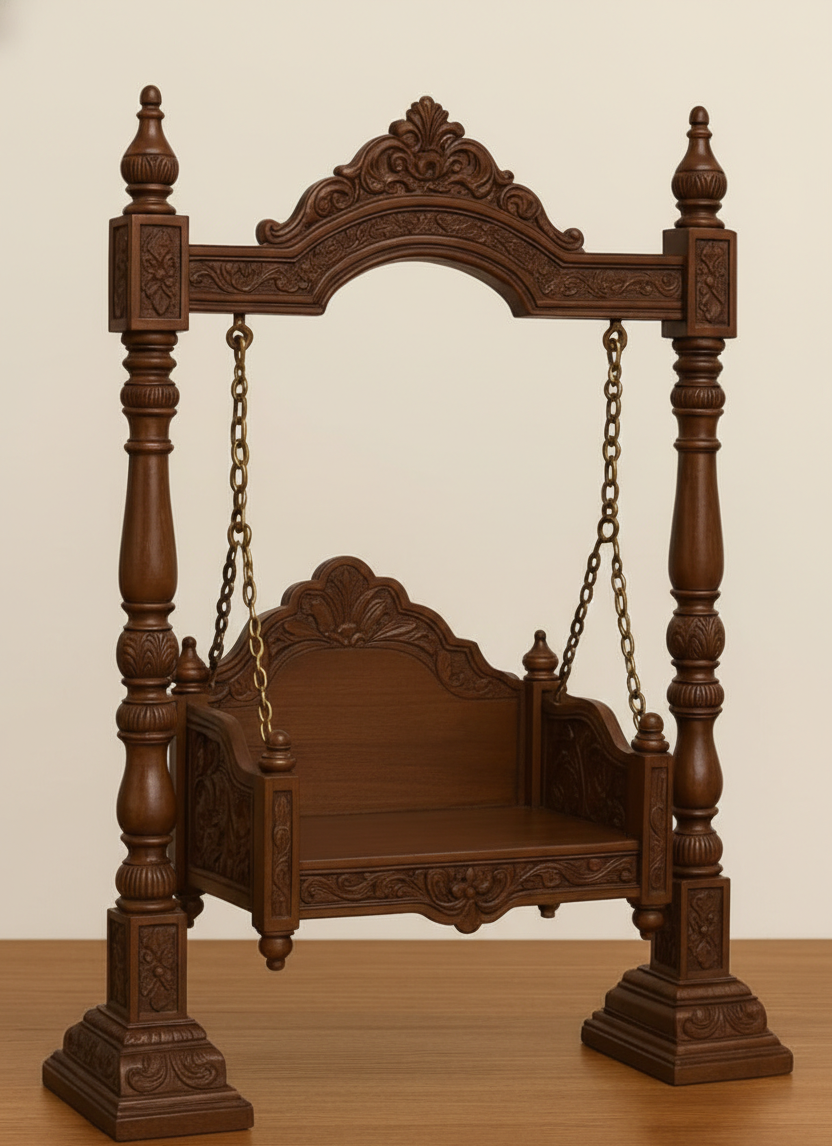 Minimalistic Hand-Carved Teak Wood Jhula for Laddu Gopal -Wooden Swing with Chains and Velvet Seating