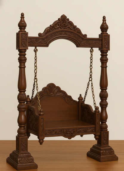 Minimalistic Hand-Carved Teak Wood Jhula for Laddu Gopal -Wooden Swing with Chains and Velvet Seating