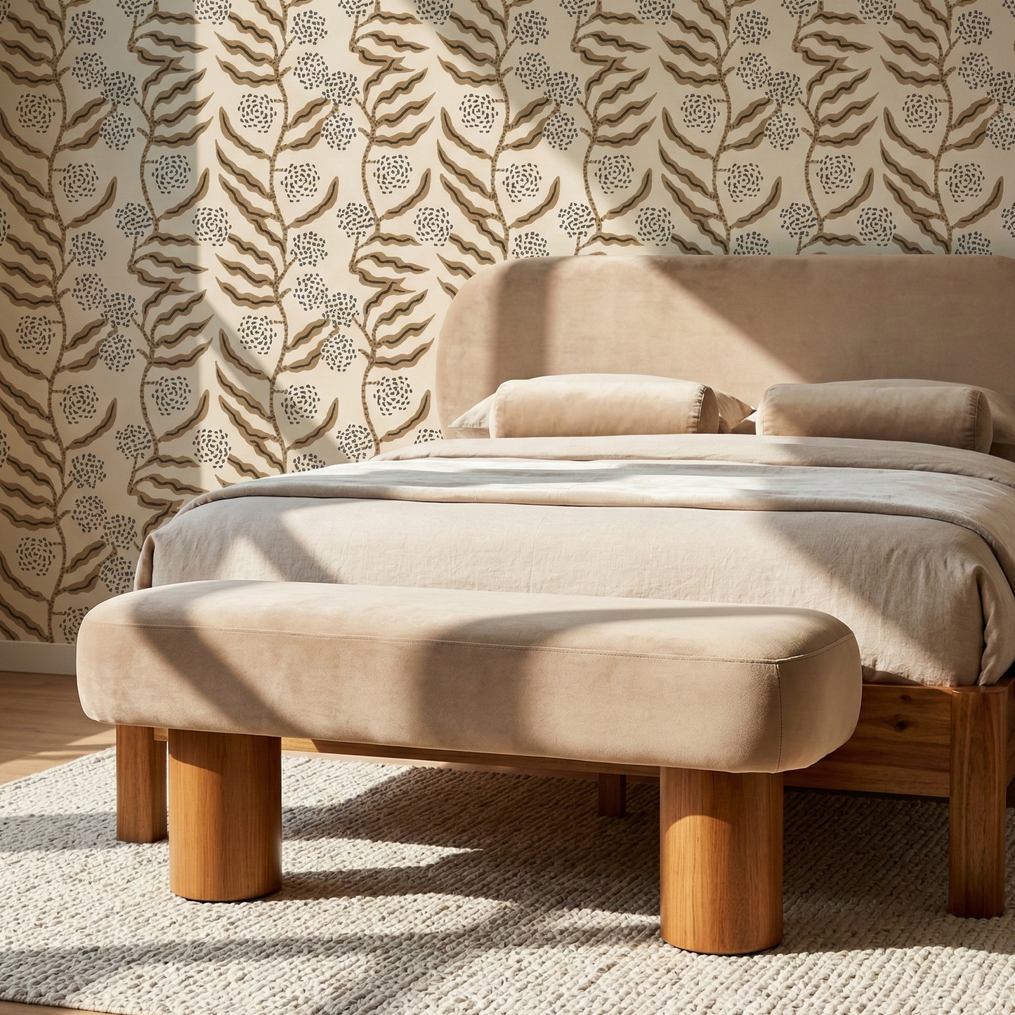 ADOUER WOOD Upholstered Fabric Bench with Solid Wood Cylindrical Legs