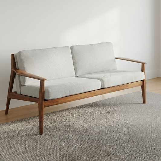 Adouer Wood Solid Wood 3 Seater Sofa in Natural Finish with Plush Cotton Comfort
