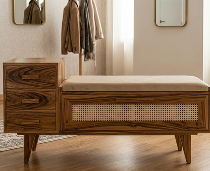 ADOUER WOOD Solid Ash Wood Storage Bench with Cane Detail and Integrated Side Drawers