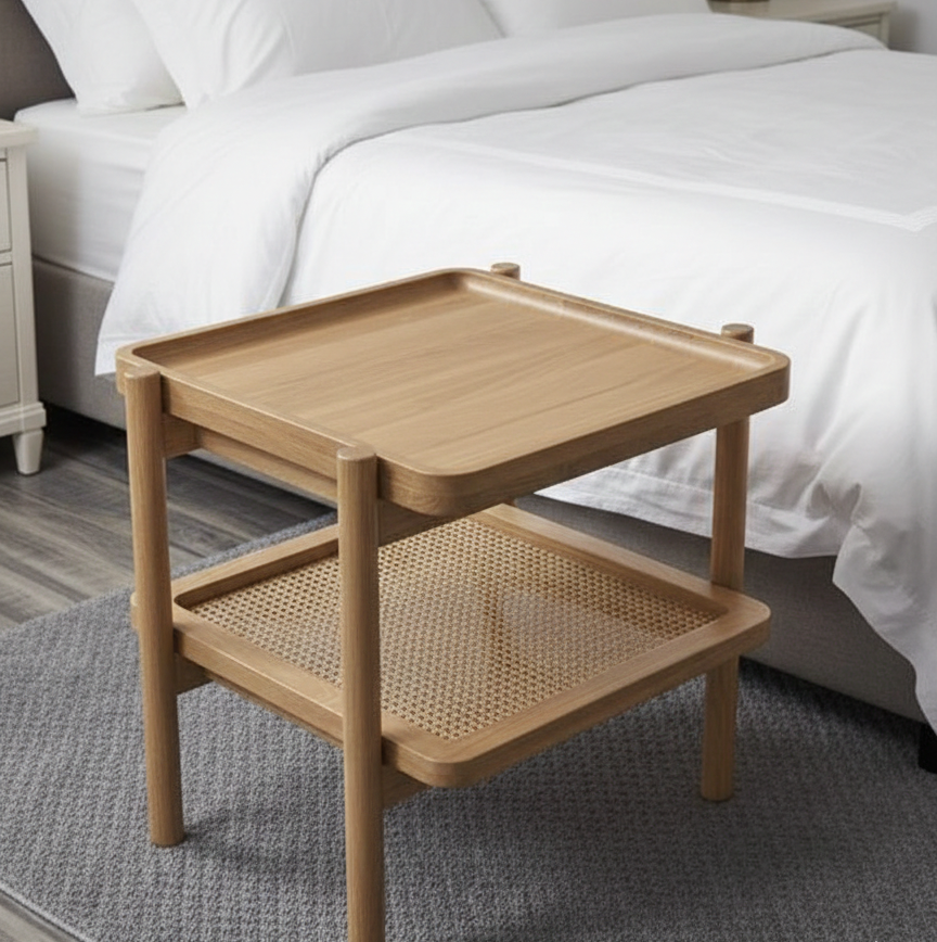 ADOUER WOOD Japandi Solid Wood Side Table with Natural Rattan Shelf