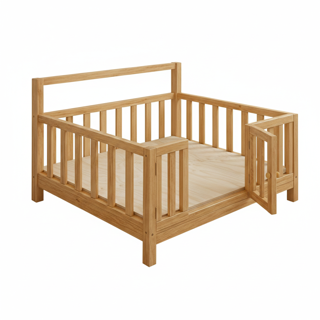 ADOUER WOOD Solid Wood Montessori Floor Bed with Safety Gate – Toddler Transition Cot