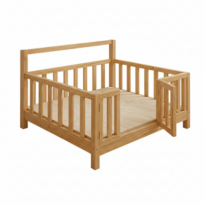 ADOUER WOOD Solid Wood Montessori Floor Bed with Safety Gate – Toddler Transition Cot