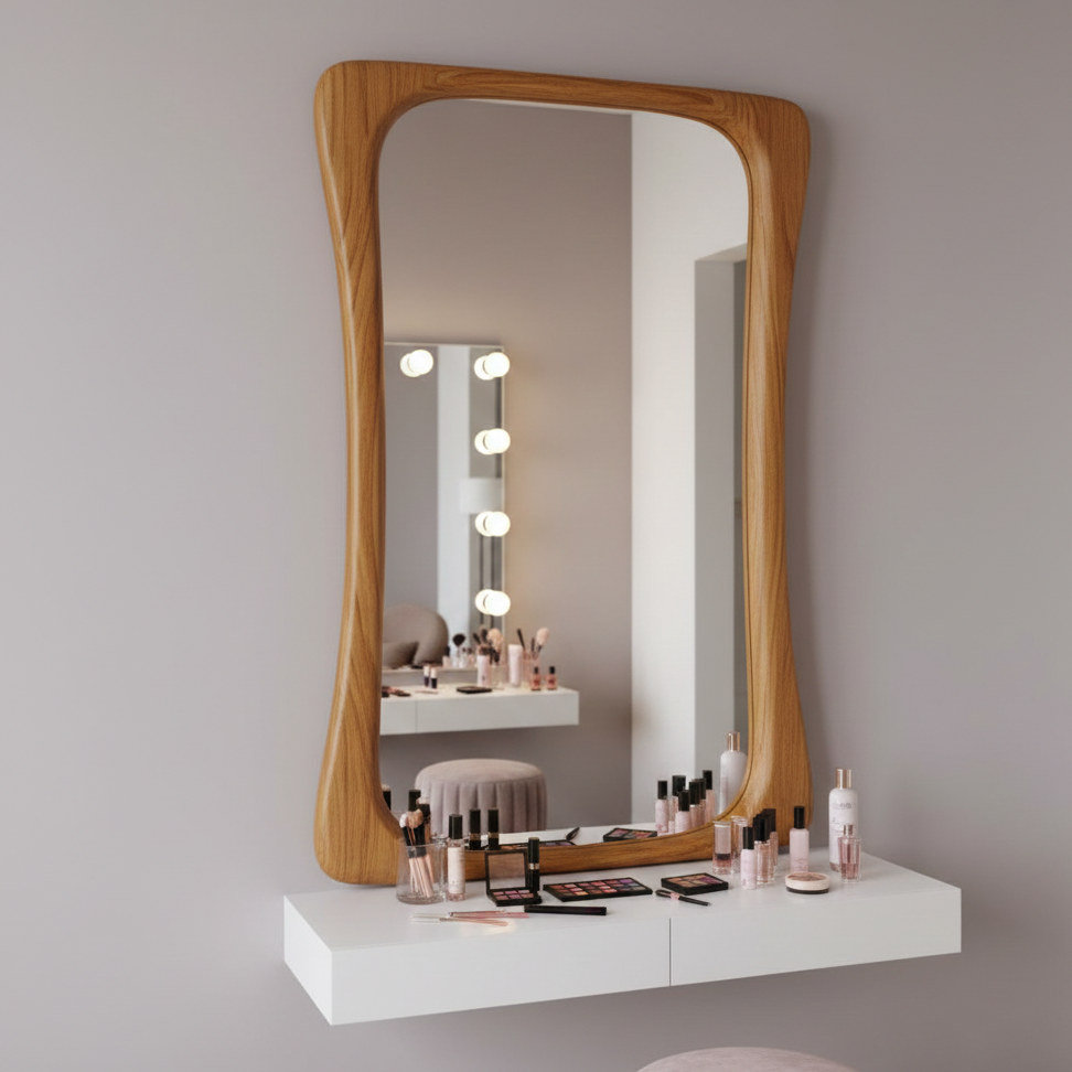 Acacia Wood Mid-Century Modern Organic Wood Wall Mirror