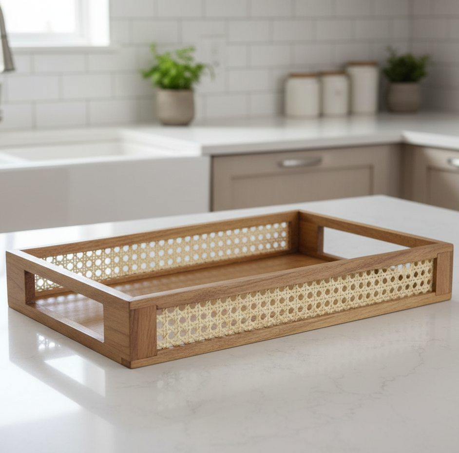 ADOUER WOOD Rectangular Wooden Serving Tray with Rattan Cane Inlay & Cutout Handles
