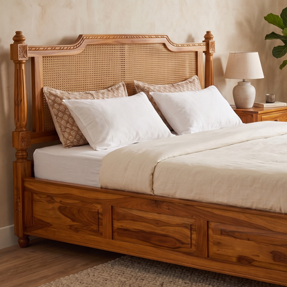 Adouer Wood Premium Sheesham Wood Bed with Cane Backrest | Honey Teak Finish