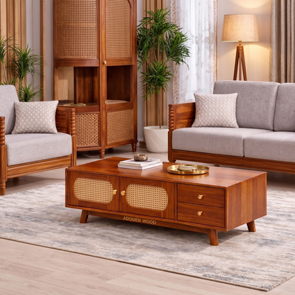 Adouer Wood Solid Sheesham Coffee Table with Cane Storage & Drawers