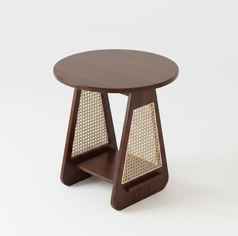 ADOUER WOOD Modern Round Wood Side Table with Rattan Inlay