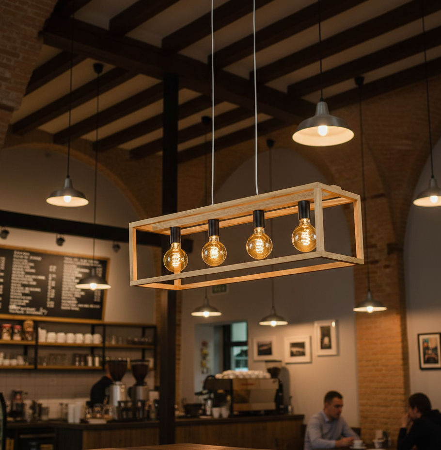 ADOUER WOOD Solid Wood Rectangular Pendant Light with 4 Edison Bulbs
