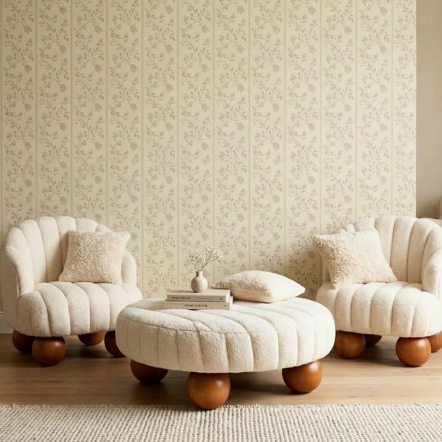 ADOUER WOOD Handcrafted Bouclé Round Ottoman – Ribbed Channel Tufted Coffee Table