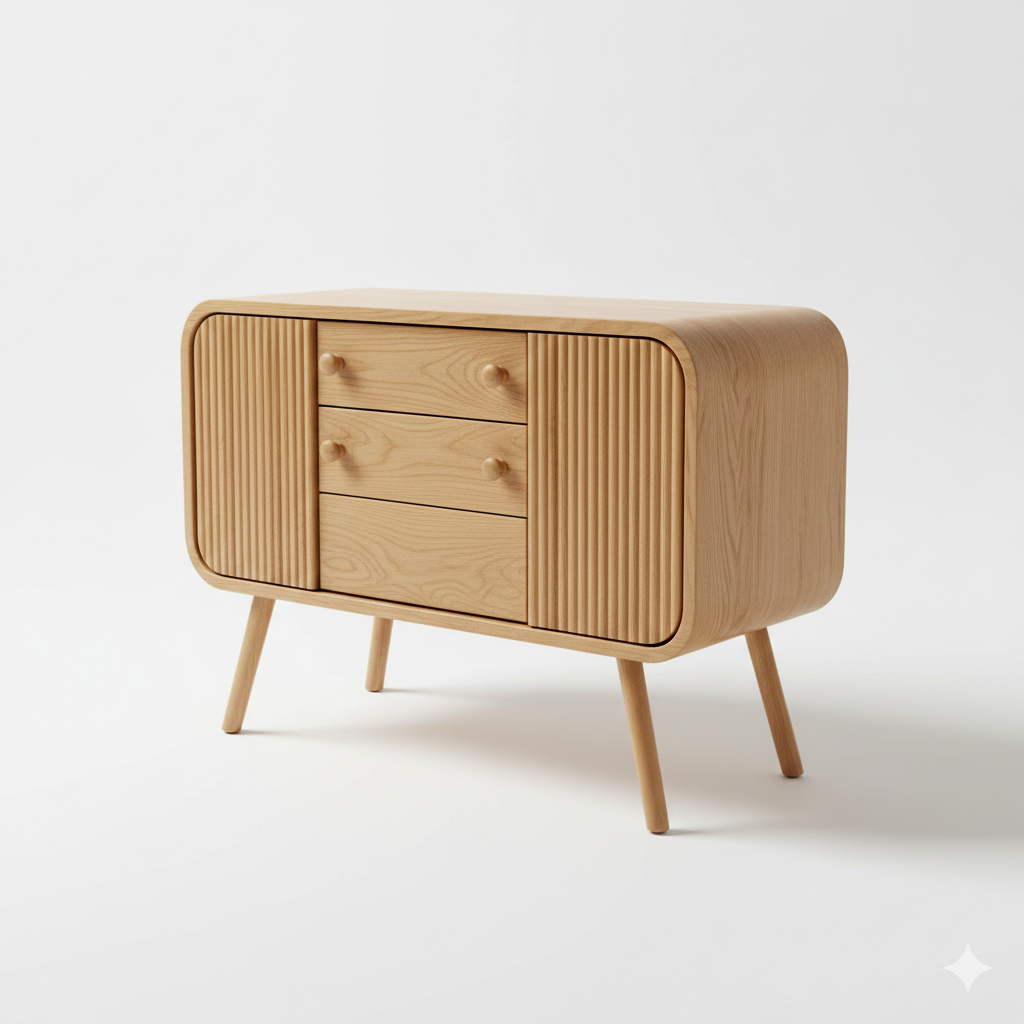 ADOUER WOOD Mid-Century Modern Sideboard – Curved Fluted Buffet Cabinet with 3 Drawers