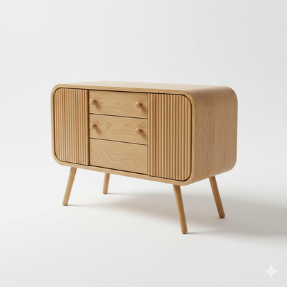 ADOUER WOOD Mid-Century Modern Sideboard – Curved Fluted Buffet Cabinet with 3 Drawers