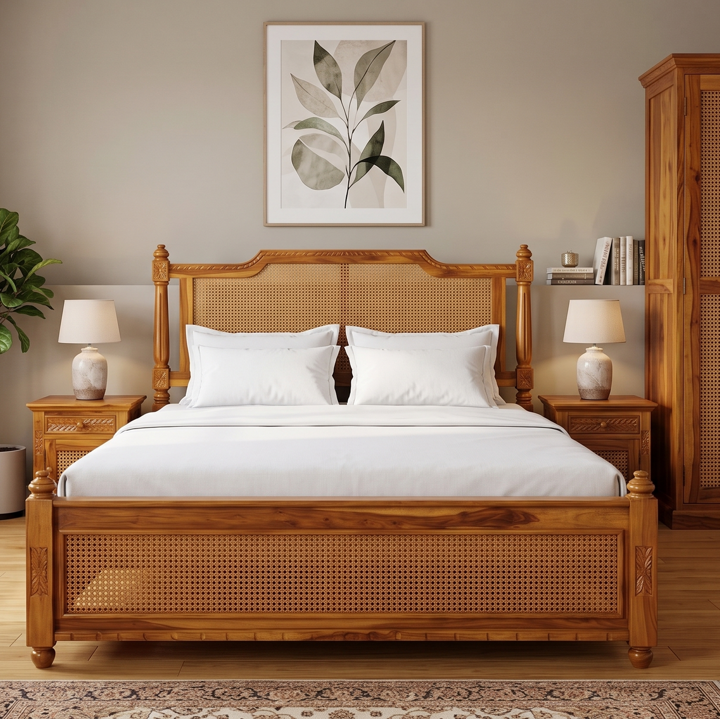 Adouer Wood Premium Sheesham Wood Bed with Cane Backrest | Honey Teak Finish