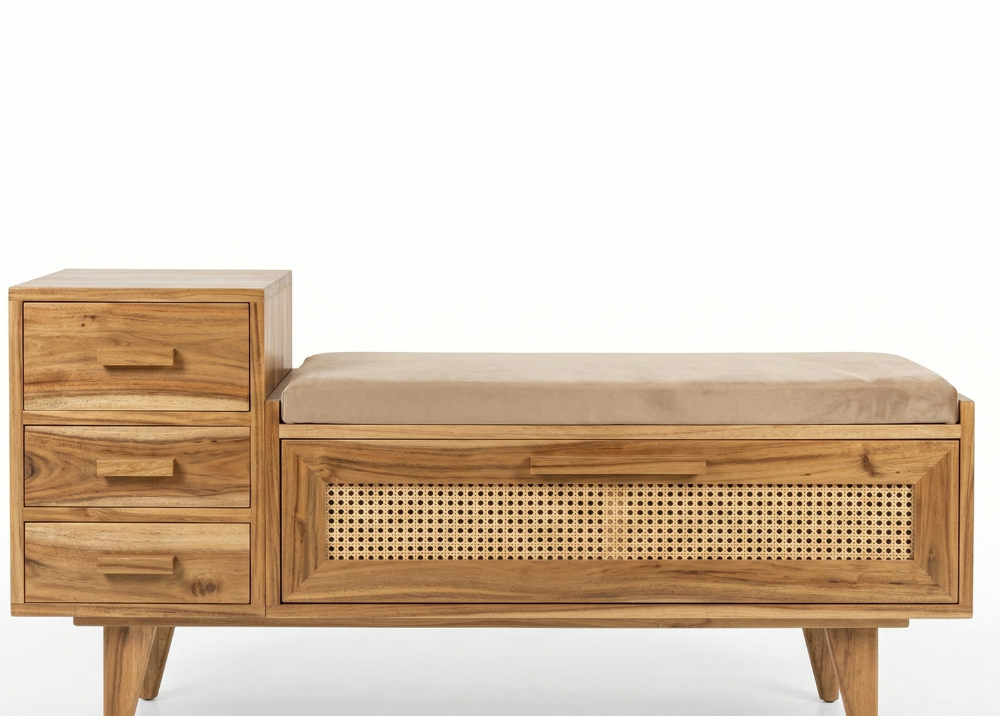 ADOUER WOOD Solid Ash Wood Storage Bench with Cane Detail and Integrated Side Drawers