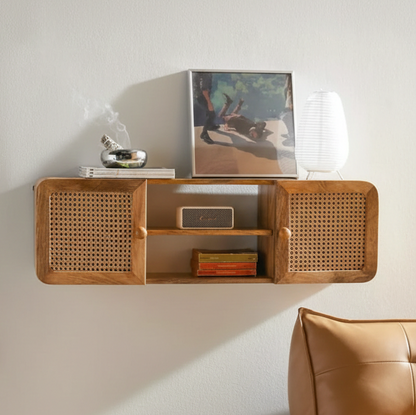 ADOUER WOOD Mid-Century Modern Floating Wood & Rattan Cane Media Console Cabinet