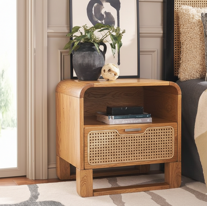 Adouer Wood Mid-Century Acacia Wood Bedside Table with Woven Rattan Drawer Front